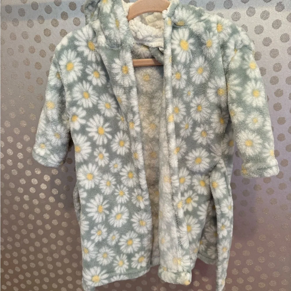 Modern Baby Daisy Plush Hooded Robe Green Floral Cozy Fleece Tie Size 0-9M